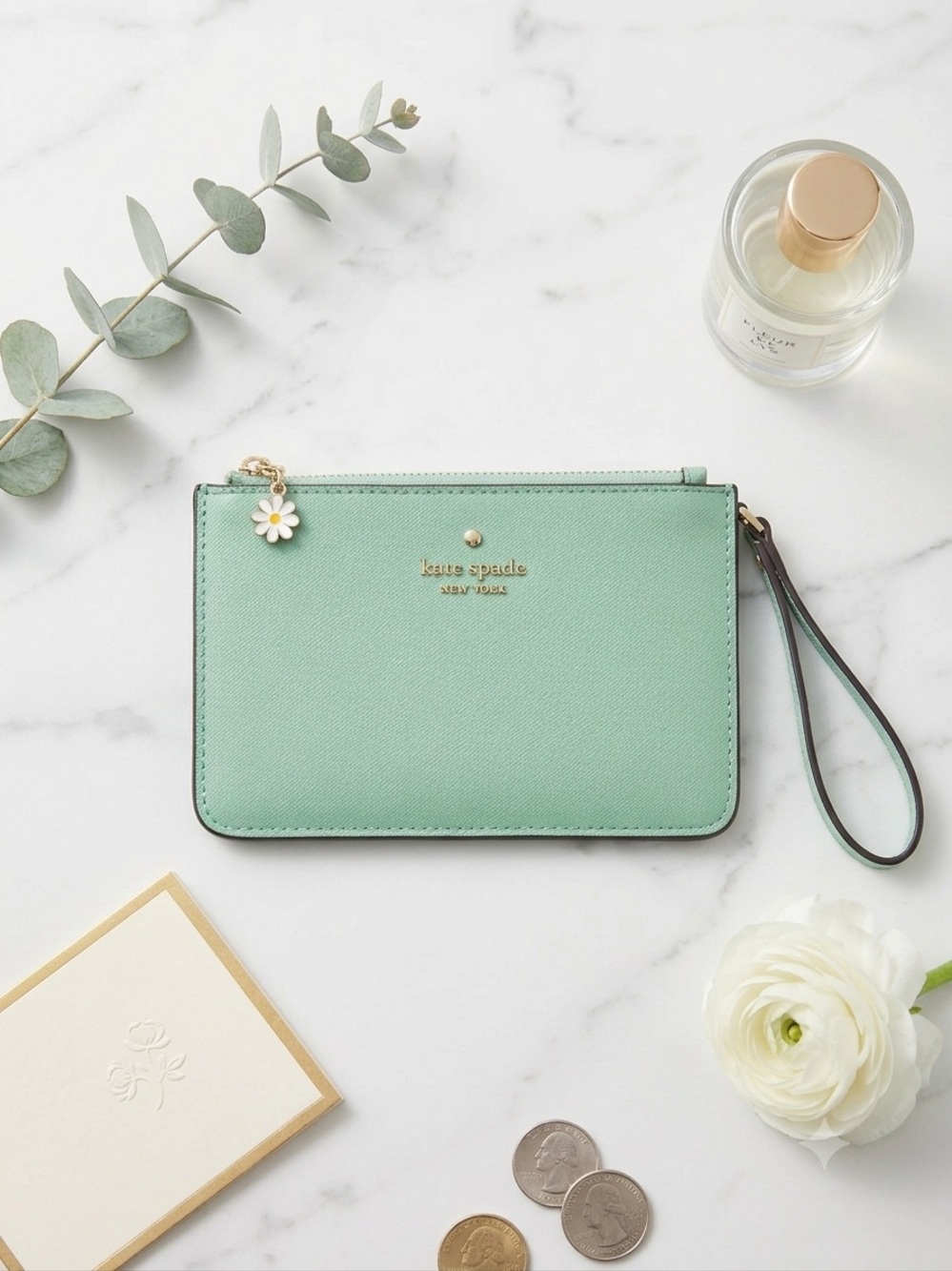 kate spade Mint Green Saffiano Wristlet with Daisy Charm